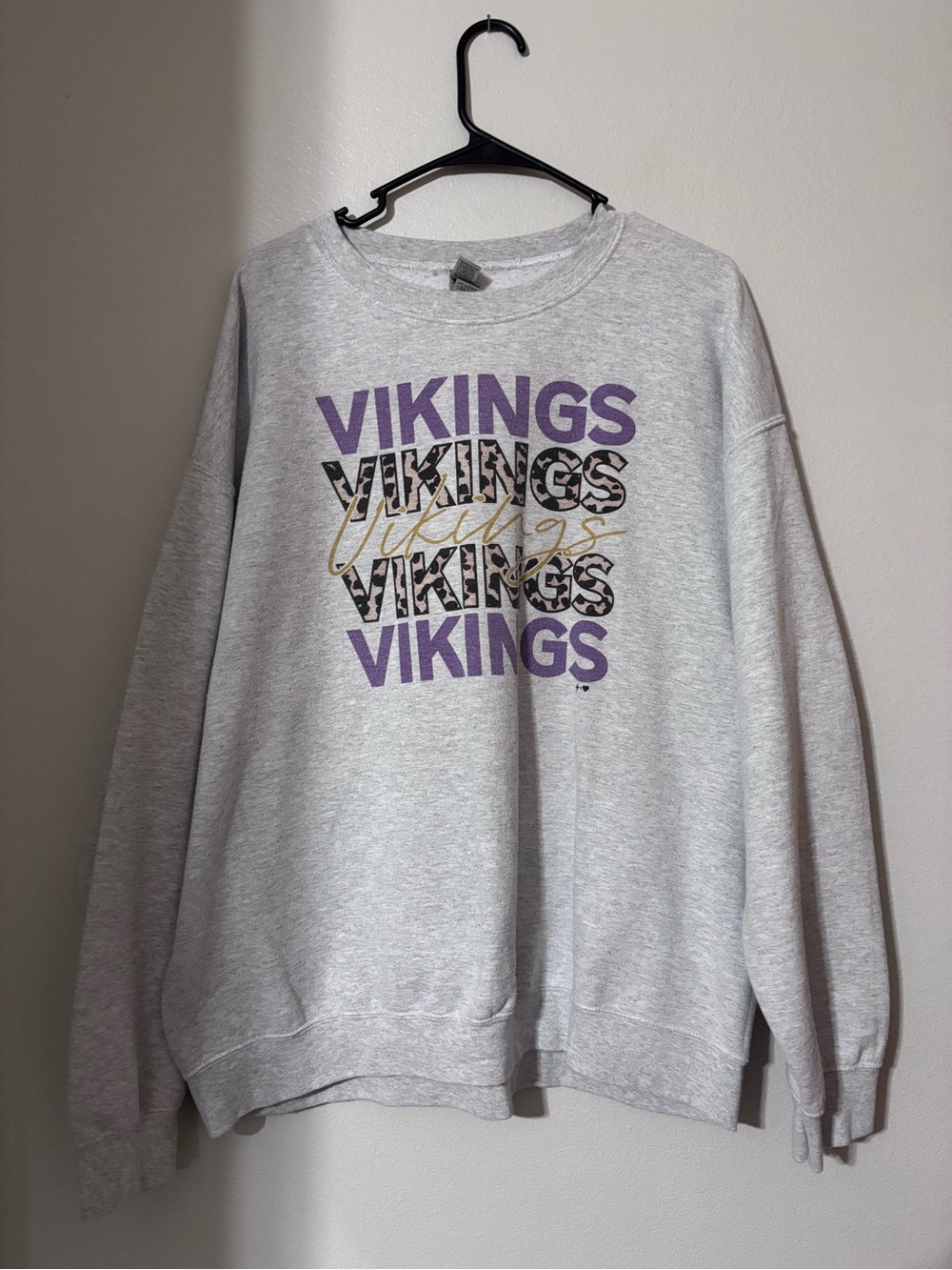Gildan Gray Crewneck Sweatshirt with Purple, Black & Gold Vikings Graphic